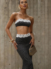 Black Polka Dot Lace Patchwork Bandeau Top And Maxi Skirt Set
