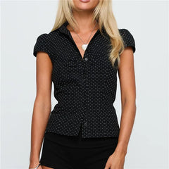 Collar Buttoned Polka Dot Print Puff Sleeve Top