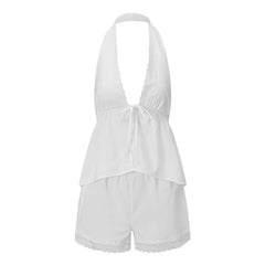 Halter Button Sleeveless Top And Shorts Set