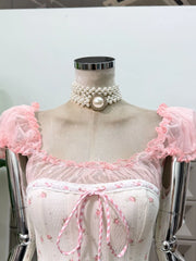 Square Collar Mesh Puff Short Sleeve Bow A-line Mini Dress