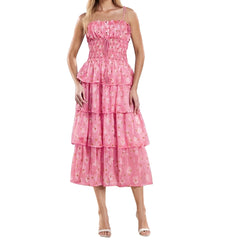 Pink Flower Print Spaghetti Strap Smocked Maxi Dress