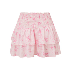 Pink Floral Print Smocked Tiered Mini Skirt