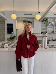 Red Faux Suede Double Breasted Moto Jacket