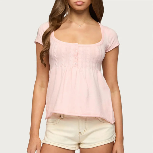 Knit Peplum Square Neck Button Down Top