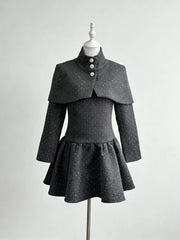 Grey Square Neck Long Sleeves Shawl Mini Dress