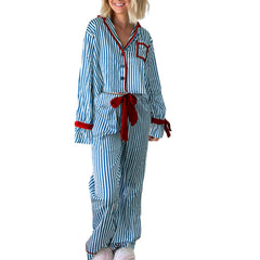 Striped Print Long Sleeve Button-up Shirts And Long Pant Pajama Set