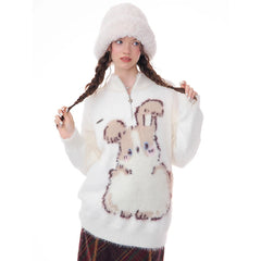 Pink High Neck Zipper Cartoon Graphic Knit Pullover
