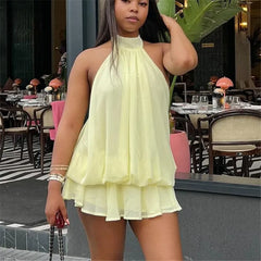 Halter Neck Open Back Ruffle Waist Mini Dress