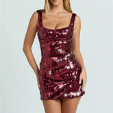 Sequin Square Neck Wide Shoulder Strap Mini Dress