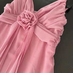 Pink V-Neck Spaghetti Strap 3D Flower Flowy Midi Dress