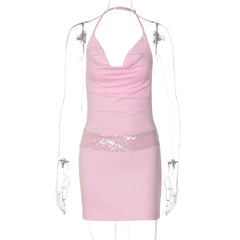 Pink Deep Cowl Neck Sequin Stripe Mini Dress
