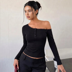 Diagonal Collar Long Sleeve Lace Patchwork Tee