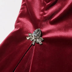 Red Fur Collar Long Sleeve Velvet Diamond Mini Dress