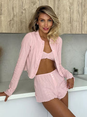 Ribbed Ruffle Bralette Short Cardigan And Shorts Pj Set