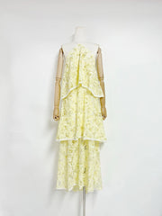 Halter Neck Tiered Ruffle Flower Long Dress