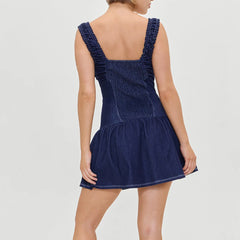 Blue Button Square Neck Sleeveless Mini Dress - A-Line Fit