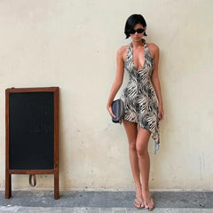 Animal Print Halter Asymmetrical Short Dress