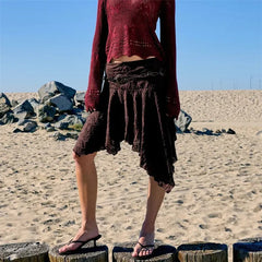 Brown Lace Bead String Belt Irregular Hem Skirt