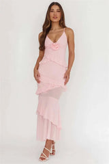 Spaghetti Strap 3D Rose V Neck Ruffle Maxi Dress