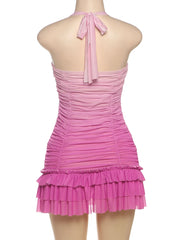 Pink Gradient Bandage Ruffles Mini Dress