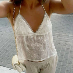 Sequin Sheer Open Back Tie Up Top