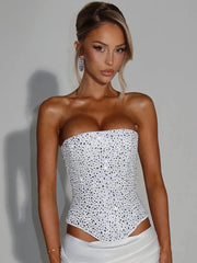 Sequins Scarf Collar Lace Up Corset Top And Satin Maxi Skirt