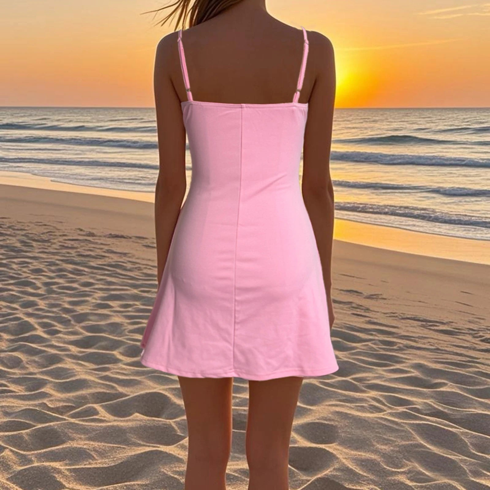 Person wearing a pink dress on a beach at sunset