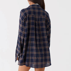 Plaid Button Down Long Sleeve Blouse And Shorts Set