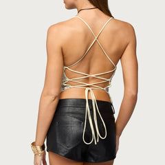 Sequin Halter Back Tie Up Strappy Top