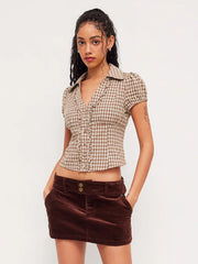 Brown Plaid Puff Sleeve Shirt