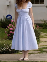 Striped Short Sleeve Ruched Bow Midi Dress