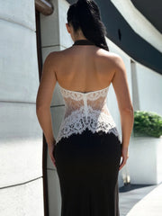 Lace Patchwork Halter Sleeveless Midi Dress