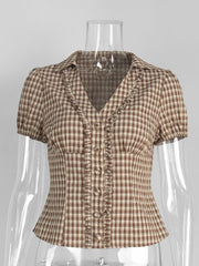Brown Plaid Puff Sleeve Shirt