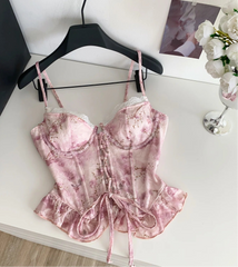 Pink Print Lace Ruffles Corset