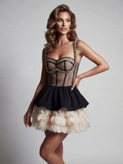 Beaded Strap Mesh Tiered Ruffle Patchwork Mini Dress