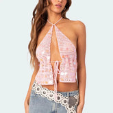 Women's sequin knitted tie up backless tank top.