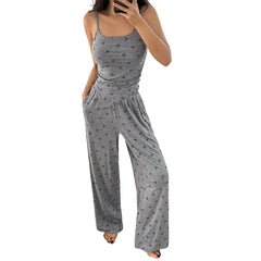 Cherry Print Cami Tops And Elastic High Waist Pants Pjs Set