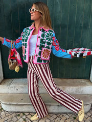 Printed Padded Lapel Pockets Coat