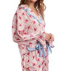 Strawberry Print Lace-up Button-up Shirt with Pockets And Pants Loungewear Set