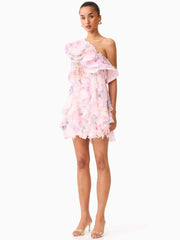 Pink Printed One Shoulder Multi-layered Ruffles Mini Dress