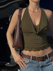 Lace Trim Cowl Neck Halter Top