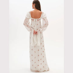 White Floral Bow Print Square Neck Long Puff Sleeve Maxi Dress