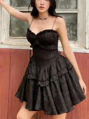 Black Jaqquared Print Spaghetti Strap A-line Mini Dress
