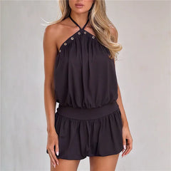 Halter Metal Eyelet Open Back Bubble Hem Short Dress