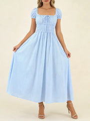 Striped Short Sleeve Ruched Bow Midi Dress