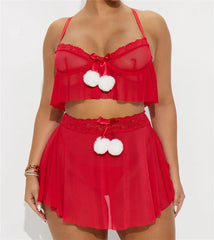 Red Mesh Pom Pom Spaghetti Strap Ruffle Crop Top And Mini Skirt Nightwear Set