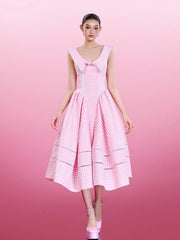 Plaid Collar Back Tie Up Midi Dress