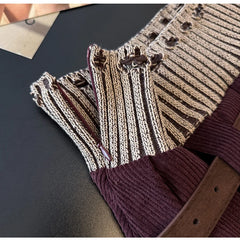 Patchwork Corduroy Pleated Mini Skirt with Belt