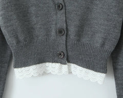 Grey Lace Trim Knit Cardigan And Shorts Set