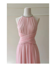 Pink Pleated High Neck Rhinestone Chain Open Back Maxi Dress